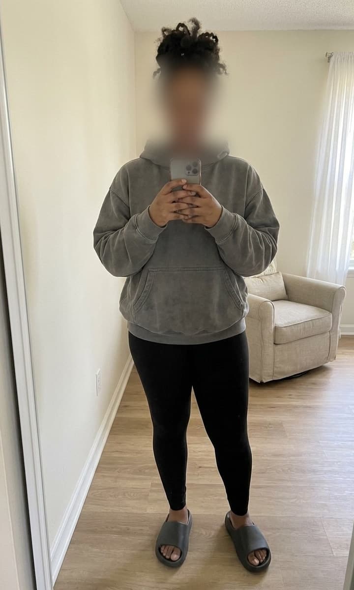 Julia before, in a hoodie